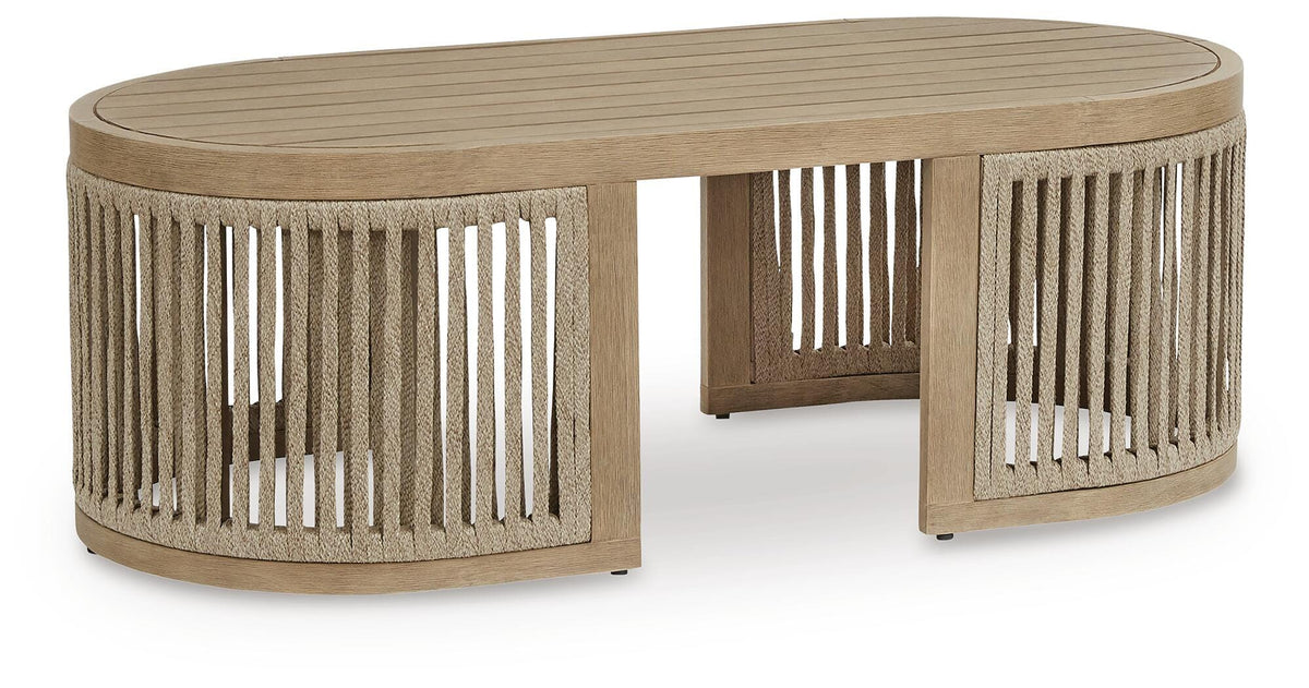 Beige, full eucalyptus and rope coffee table