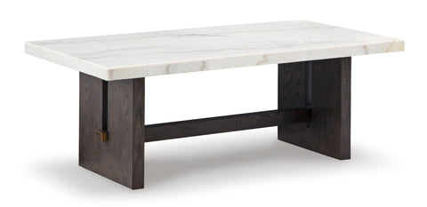 White Marble and Dark Brown Rectangular Coffee Table