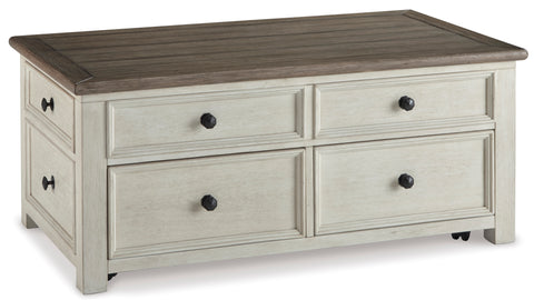 Antiqued Two-Tone Lift-Top Coffee Table with Four Drawers and Casters