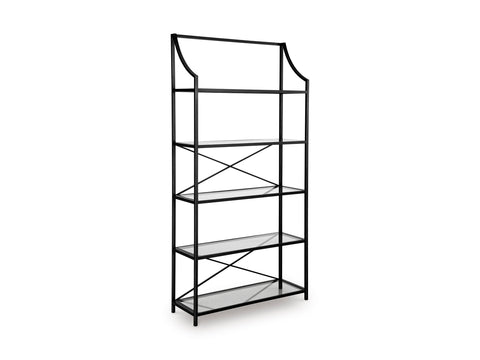 Antique Black Metal Bookcase with Five Glass Shelves