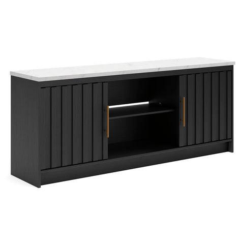 Black TV Stand with White Marble-Look Top and Ambient Light