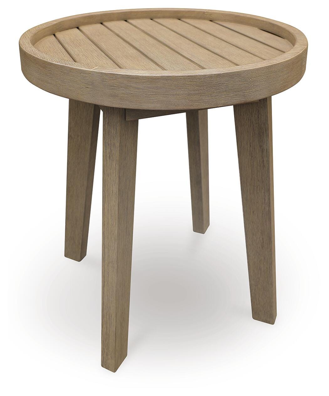 Beige, full round side table angled view