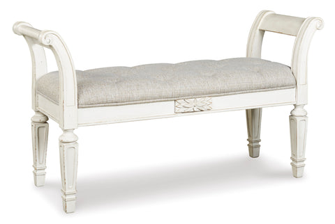 Antique White Wood Accent Bench with Tufted Seat and Scroll Arms