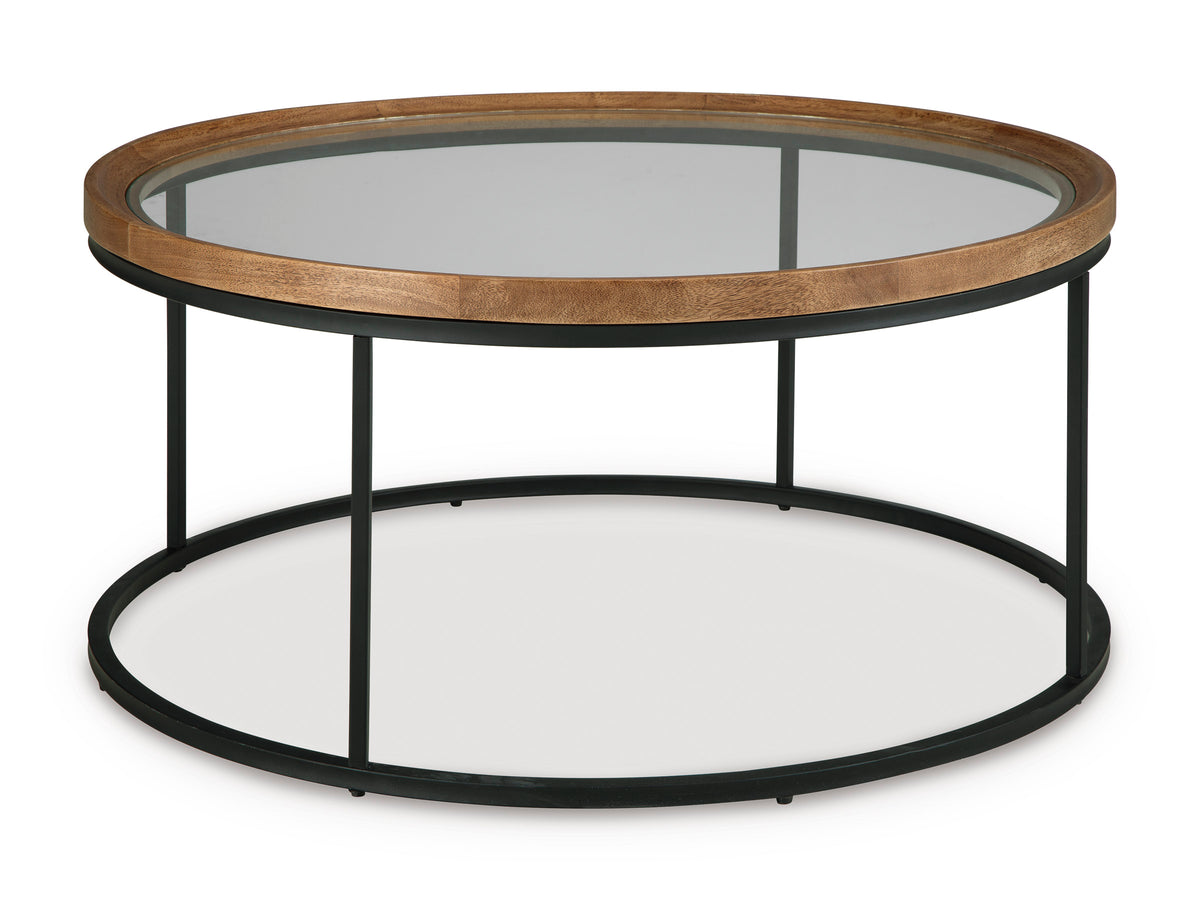 Medium Brown tempered glass round coffee table, full product view