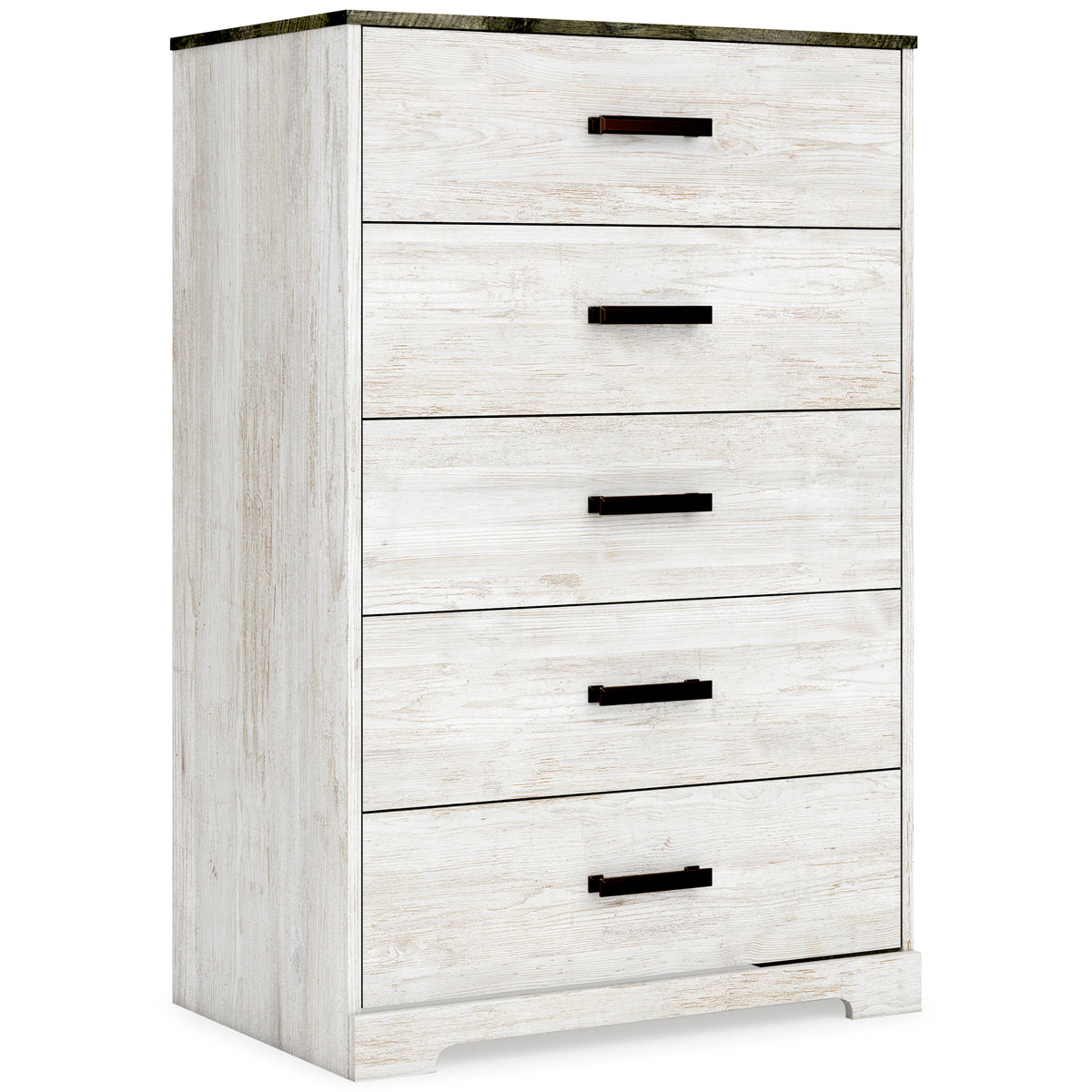 Whitewash/Charcoal Gray, complete five-drawer chest, angled view