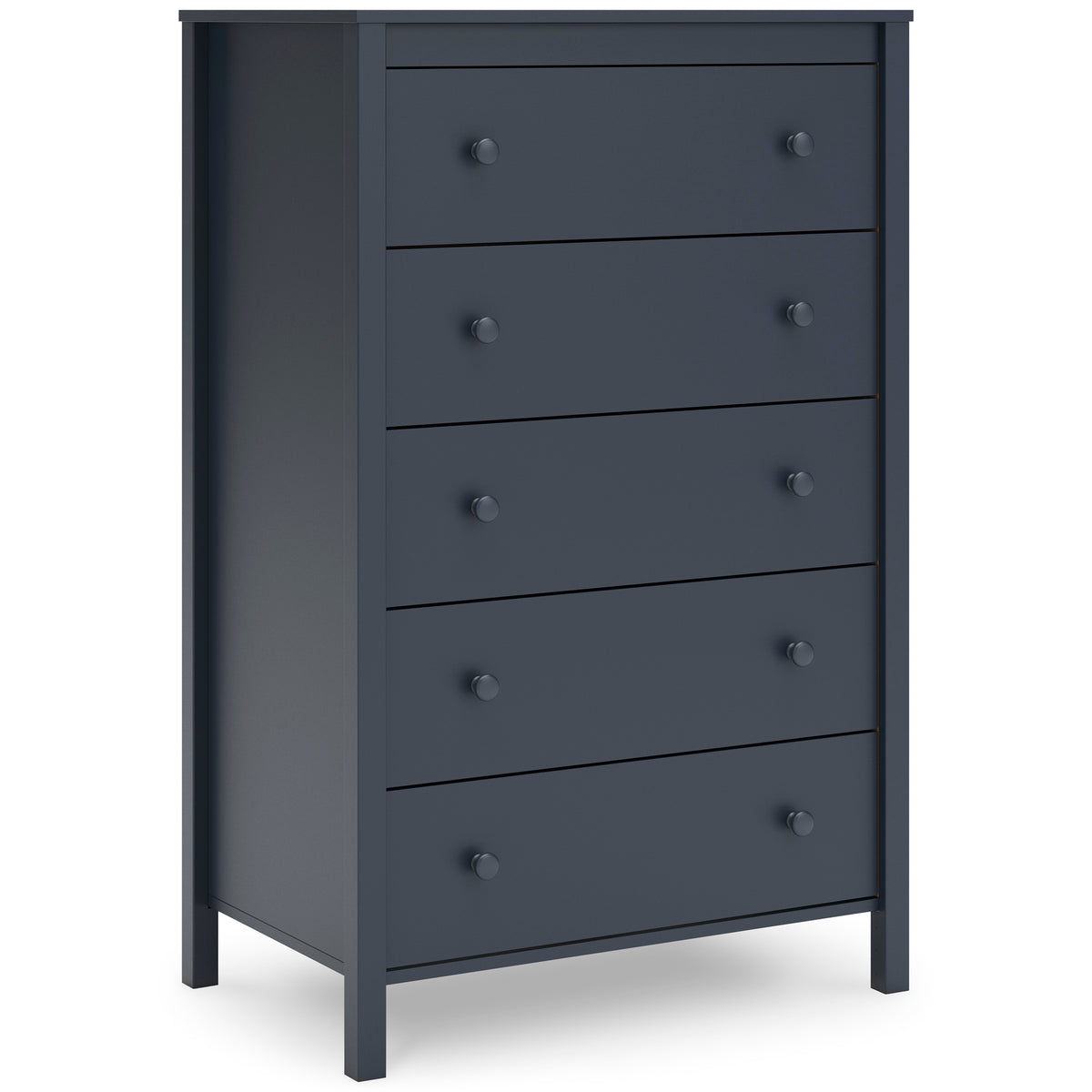 Navy Blue, complete five-drawer chest, angled view