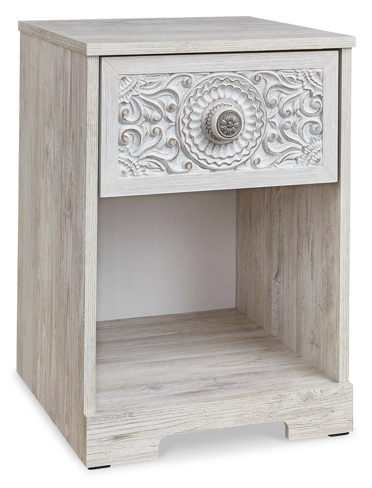 Whitewash / 15.79 in wide, complete one-drawer nightstand, angled view
