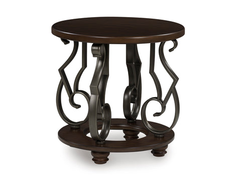 Dark Brown Round End Table with Scroll Metal Legs