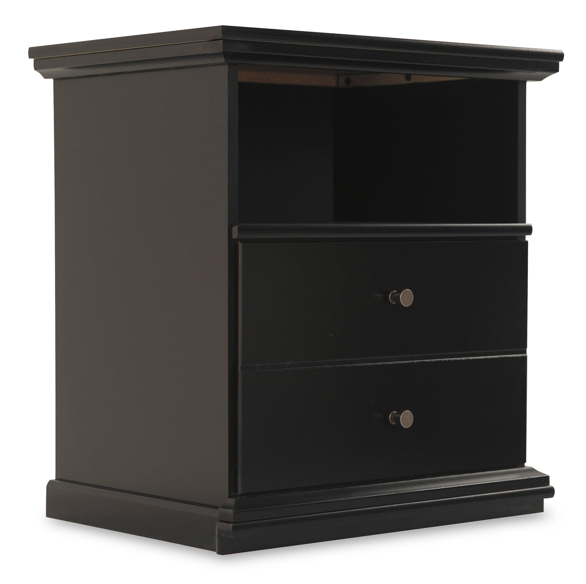 Black, complete nightstand, angled view