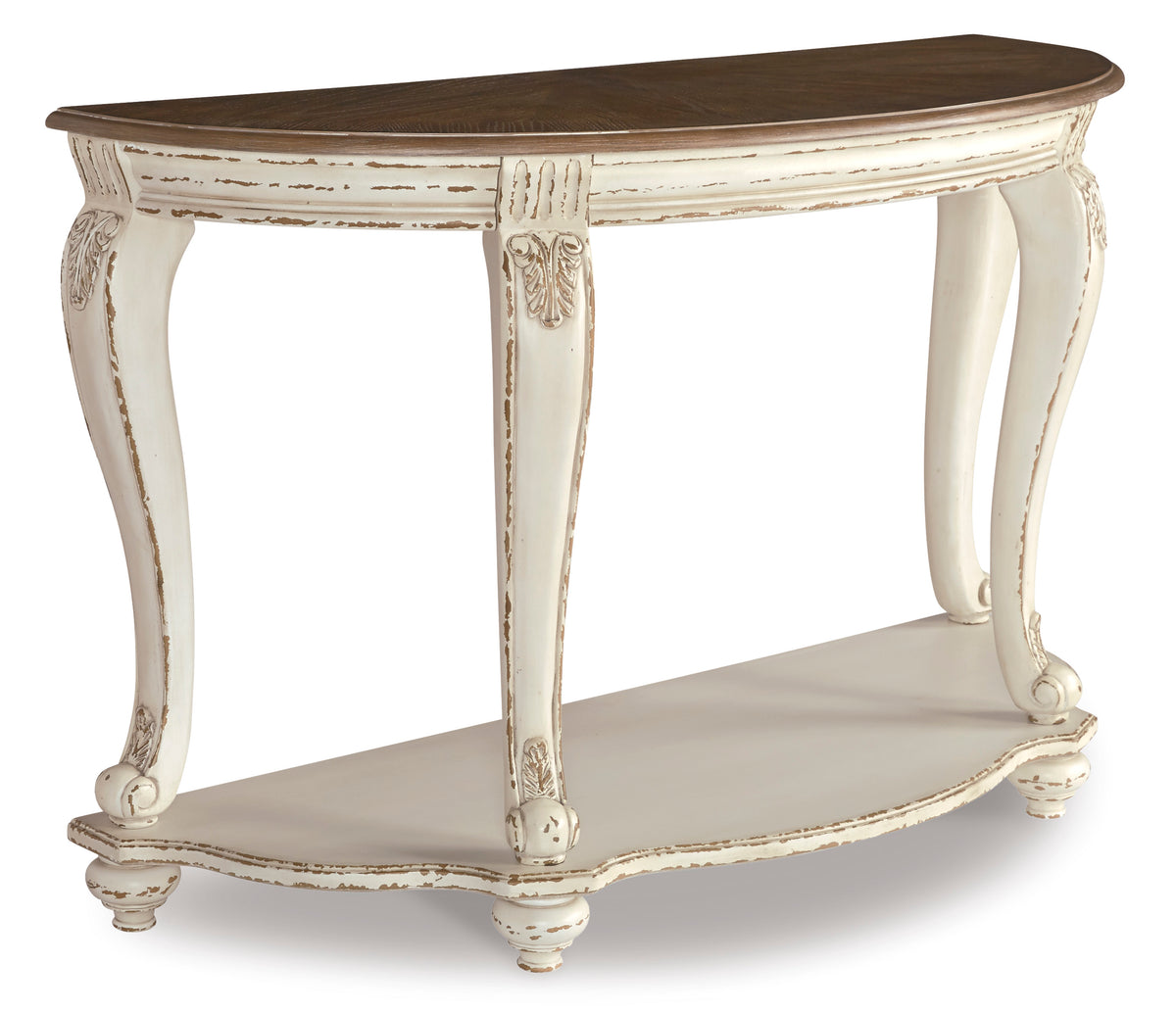 White/Brown two tone shelf console table, full product view