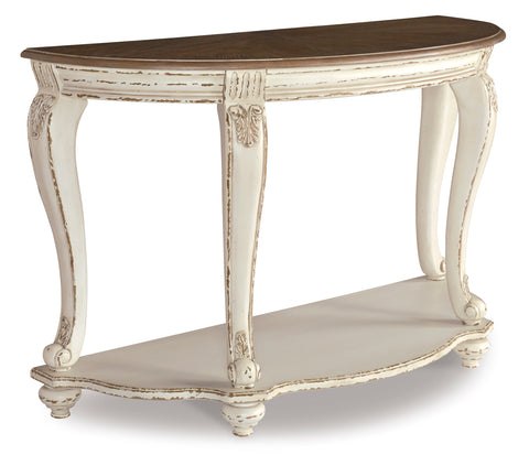 Antiqued White and Brown Demilune Console Table