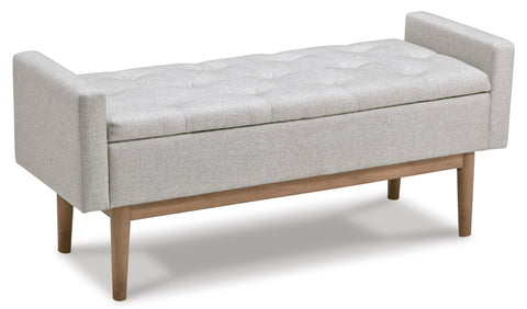 Beige Tufted Storage Bench with Light Brown Wood Legs