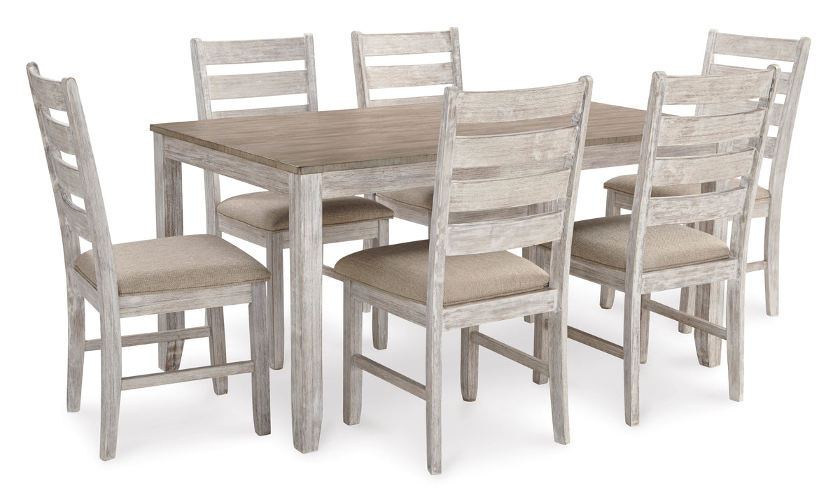 White/Light Brown / 7-Piece Dining Set: Table + 6 Chairs, product view 7; includes 1 table, 6 chairs; decorative accessories and other furniture excluded