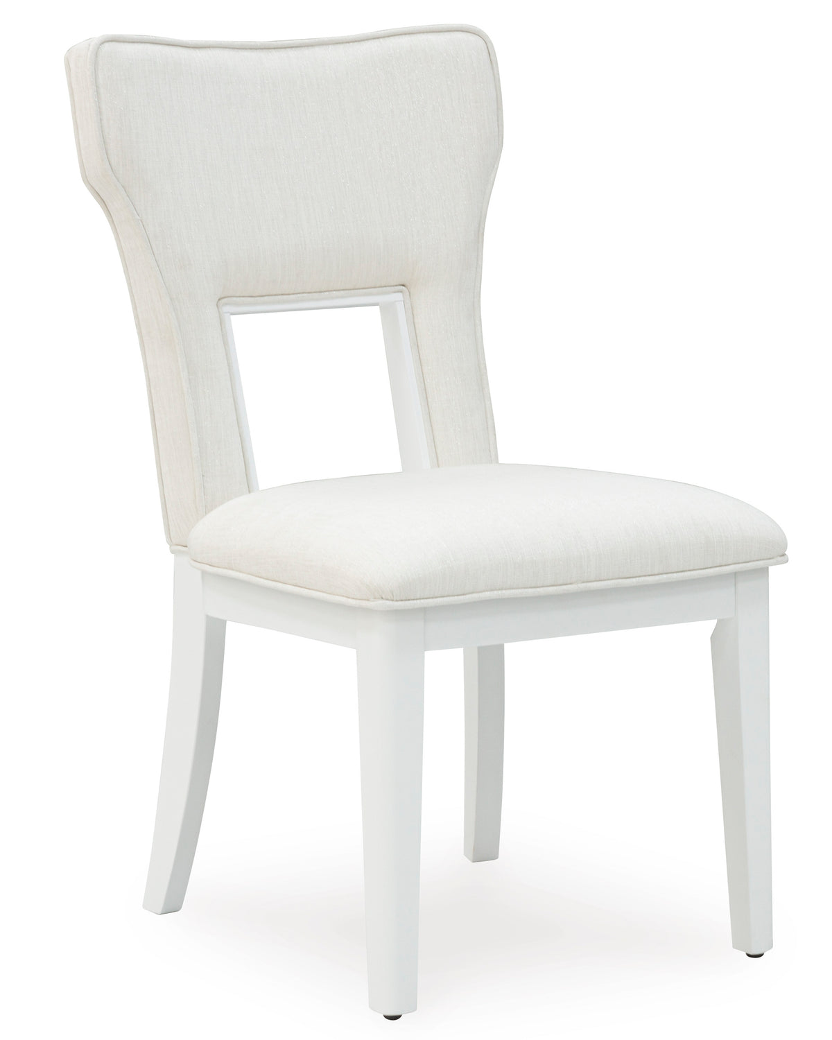 White Dining Chairs, angle view; sold as a matching pair; tables, additional chairs and accessories excluded