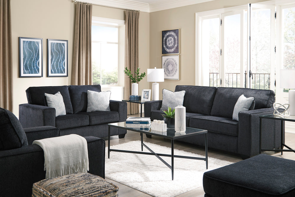 Dark Gray track-arm sofa loveseat and chair, room scene; styling accessories not included