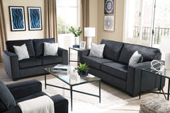 Dark Gray track-arm sofa loveseat and chair, room scene; styling accessories not included - 11