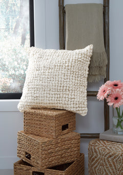 20-Inch Ivory Looped Throw Pillow — Single or Set of 4, one pillow styled on baskets; baskets not included - 5