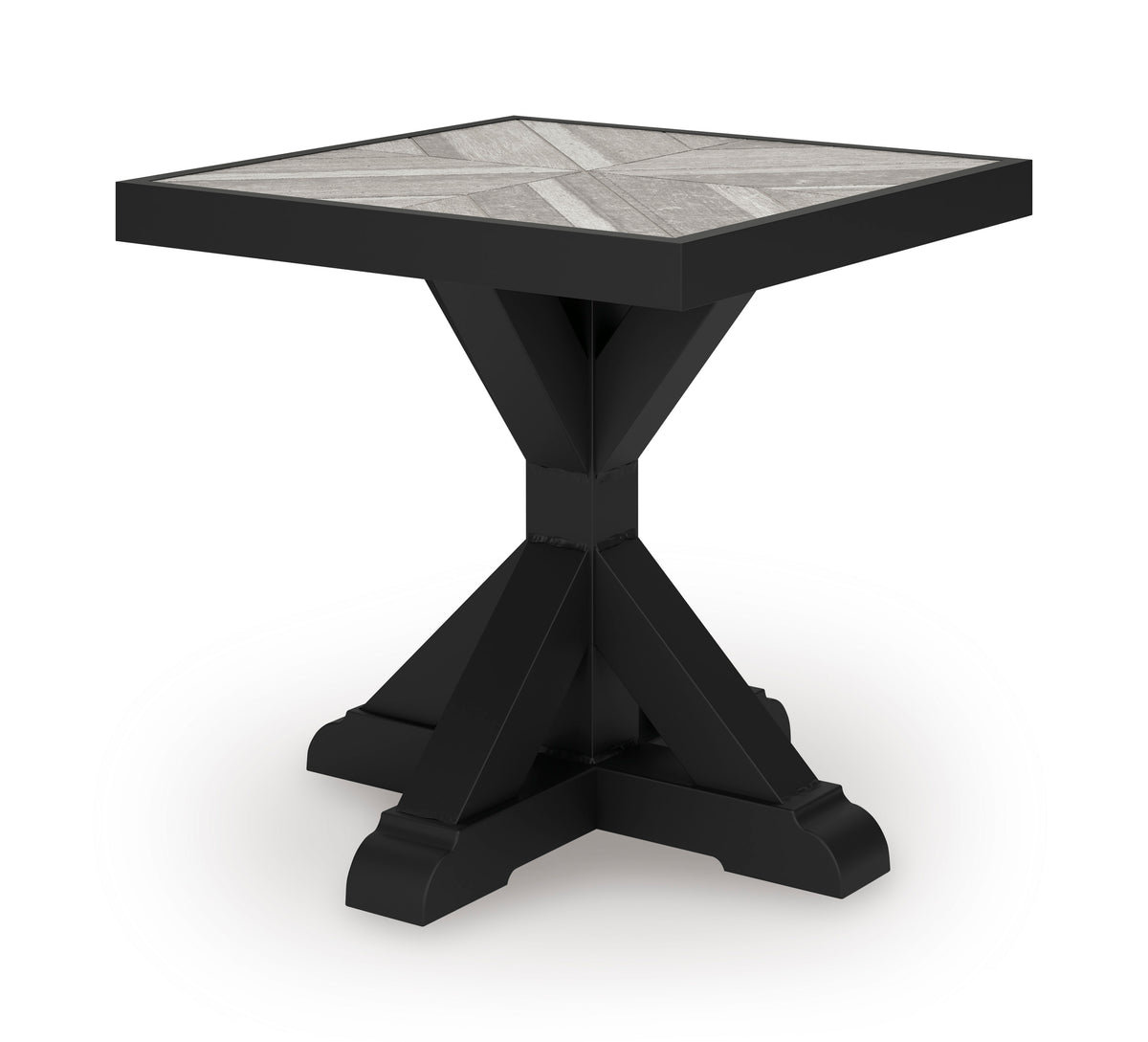 22-Inch Square Porcelain-Top Outdoor Side Table with Black X-Leg Base, front angle