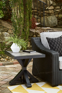 22-Inch Square Porcelain-Top Outdoor Side Table with Black X-Leg Base, styled setting; other items not included - 6