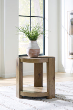 24-Inch Round Light Oak Veneer End Table with Lower Shelf, room setting; accessories not included - 2
