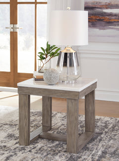 24-Inch Square Natural Marble End Table with Brown Base, room setting; accessories excluded - 6