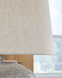 25.75-Inch Distressed Gray Metal Table Lamp, fabric shade detail - 5
