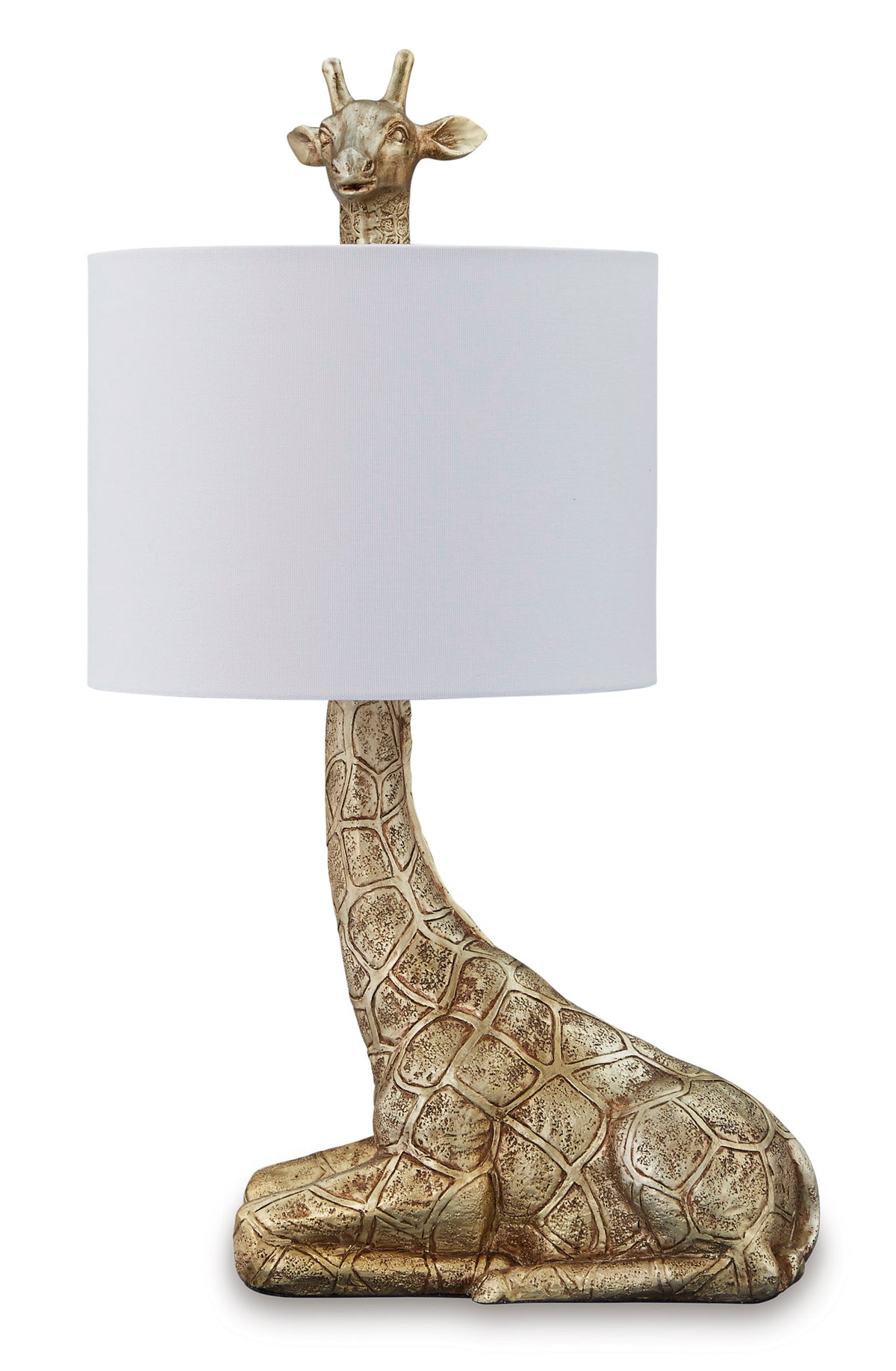 25-Inch Goldtone Giraffe Table Lamp with Drum Shade, full product view