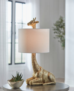 25-Inch Goldtone Giraffe Table Lamp with Drum Shade, room setting - 2