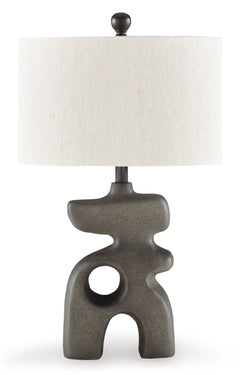 26-Inch Distressed Black Sculptural Table Lamp with Oval Shade, complete lamp view - 1