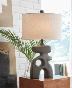26-Inch Distressed Black Sculptural Table Lamp with Oval Shade, styled setting; other items not included - 2