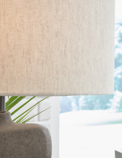 26-Inch Distressed Black Sculptural Table Lamp with Oval Shade, fabric shade detail - 5