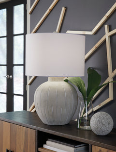 27.75-Inch Warm Gray Textured Table Lamp with Drum Shade, styled setting; other items not included - 2