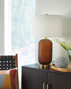 27-Inch Amber Glass Table Lamp with Goldtone Accents, room setting - 2