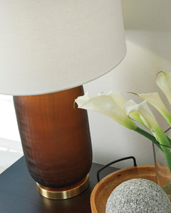 27-Inch Amber Glass Table Lamp with Goldtone Accents, lamp detail - 3