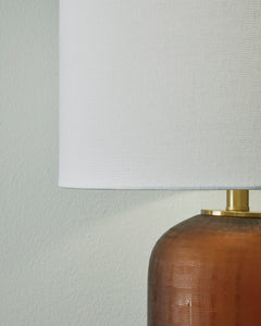 27-Inch Amber Glass Table Lamp with Goldtone Accents, fabric shade detail - 5