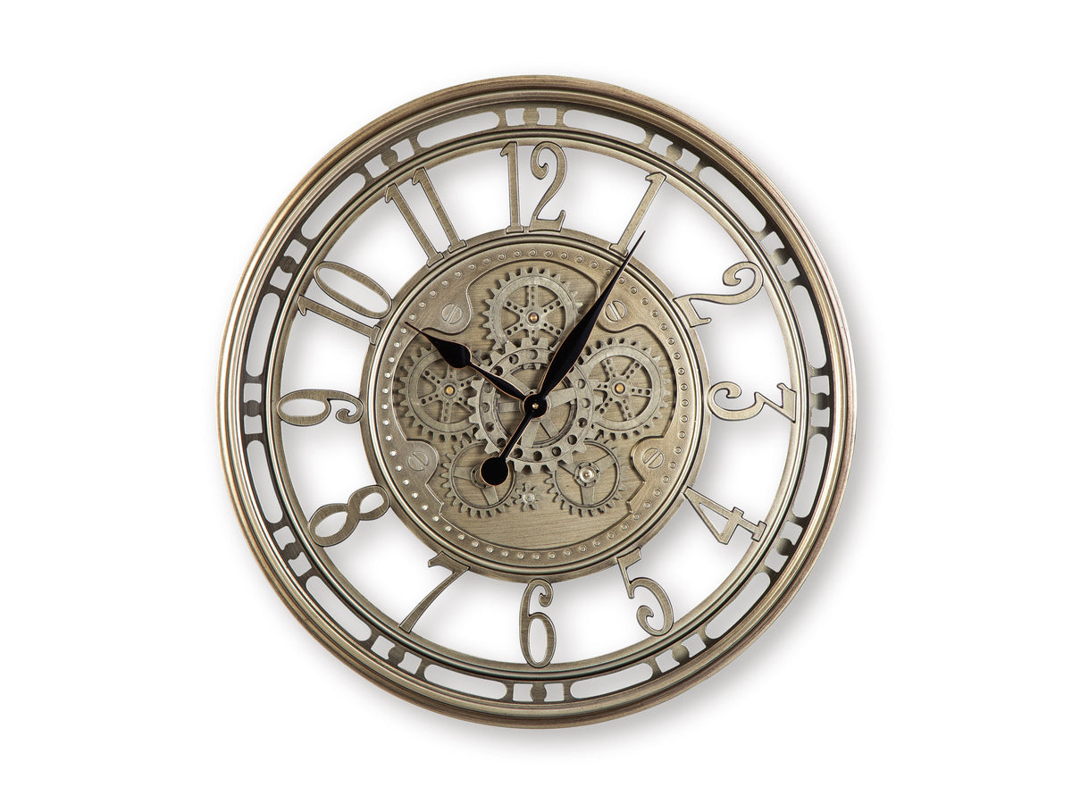 27-Inch Champagne-Finish Wall Clock with Moving Gears, front view