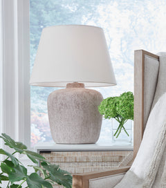 27-Inch Distressed Cream Metal Table Lamp with Empire Shade, styled setting; other items not included - 2
