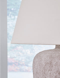 27-Inch Distressed Cream Metal Table Lamp with Empire Shade, fabric shade detail - 5