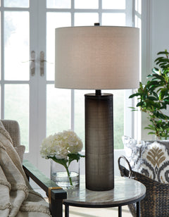 28-Inch Smoky Brown Glass Table Lamp with Drum Shade, room setting - 2