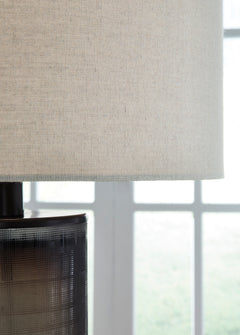 28-Inch Smoky Brown Glass Table Lamp with Drum Shade, fabric shade detail - 5