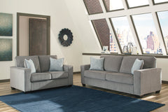 Light Gray track-arm sofa and loveseat, room scene; styling accessories not included - 29