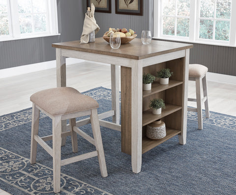 3-Piece Counter Dining Set with Side Shelves and Cushioned Stools