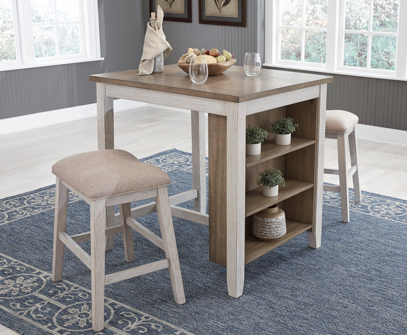 3-Piece Counter Dining Set with Side Shelves and Cushioned Stools