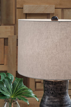 30-Inch Distressed Black Terracotta Table Lamp, fabric shade detail - 5