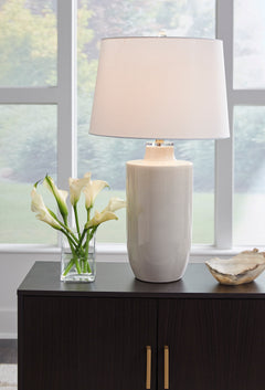 30-Inch Off-White Crackle-Glaze Ceramic Table Lamp, styled setting; other items not included - 2