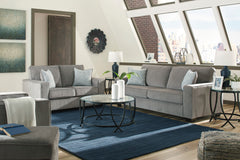 Light Gray track-arm sofa loveseat and chair, room scene; styling accessories not included - 30