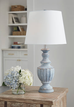 31.5-Inch Antique Blue Terracotta Urn Table Lamp, styled setting; other items not included - 2