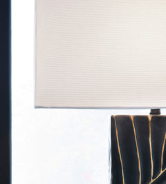 33.5-Inch Black and Gold Textured Table Lamp with Rectangular Shade, fabric shade detail - 5