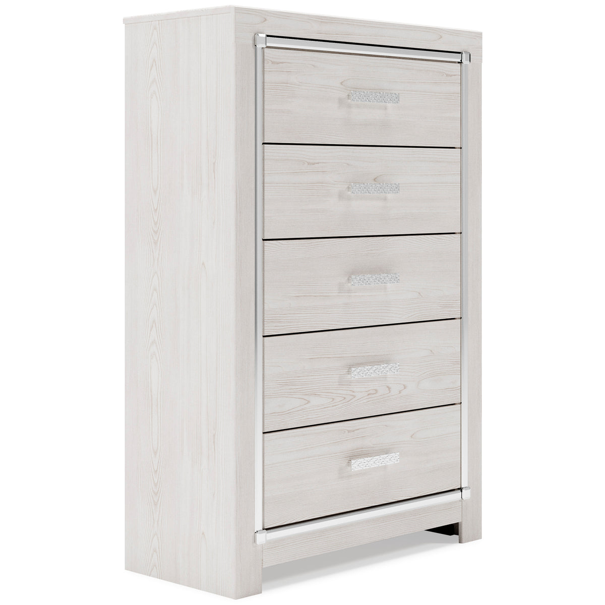 34-Inch Pearl-White Five-Drawer Chest with Chrome-Tone Accents, front angle