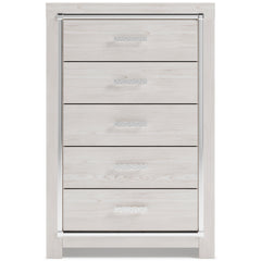 34-Inch Pearl-White Five-Drawer Chest with Chrome-Tone Accents, front view - 2